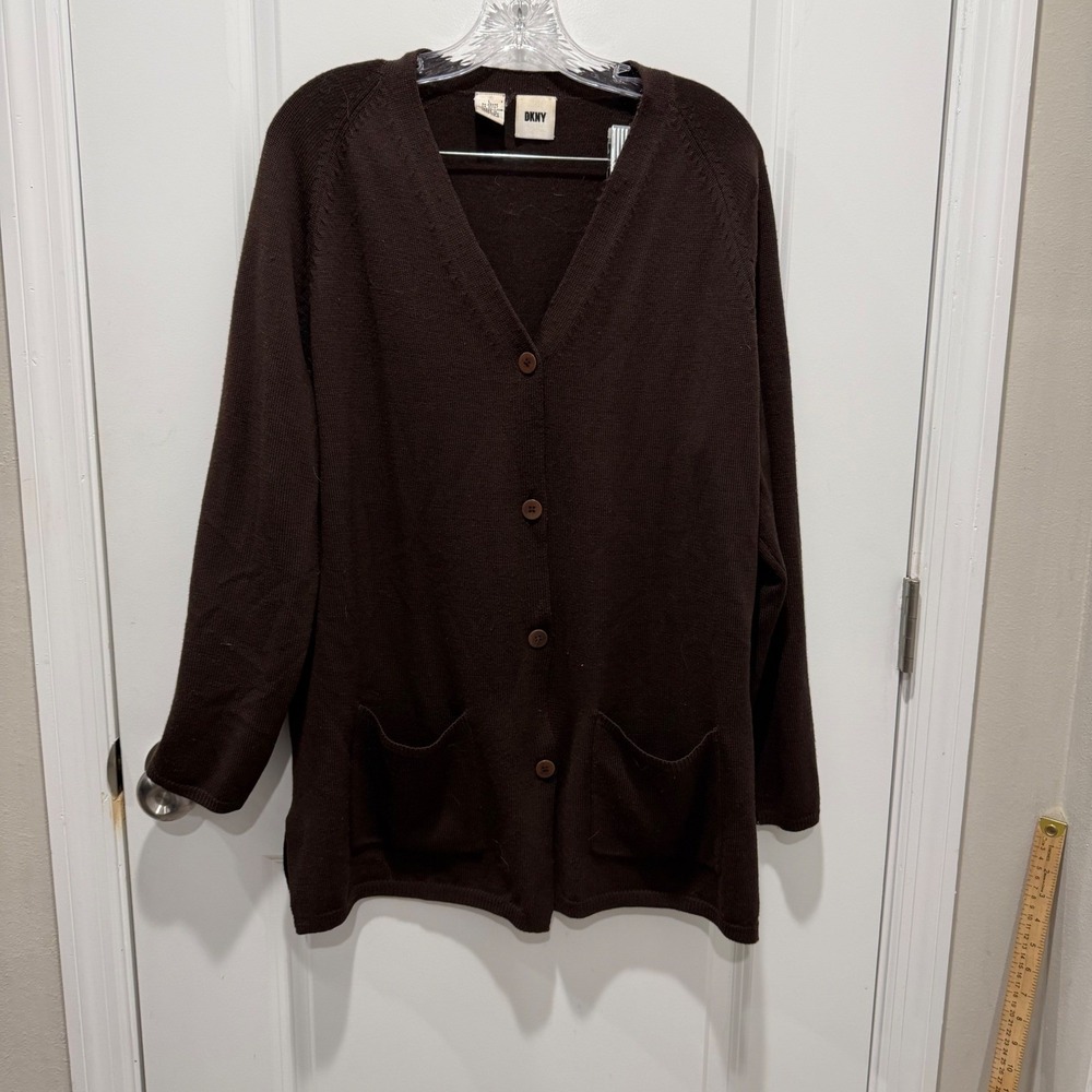 DKNY Womens Cardigan 100% Wool Button Front Brown Large